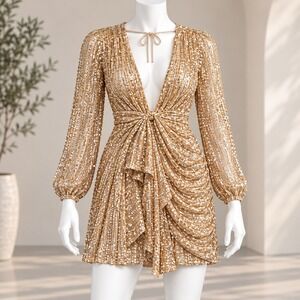 Luxxel Sequin Mini Dress Womens Medium Gold Silver Plunging V-Neck Open Back